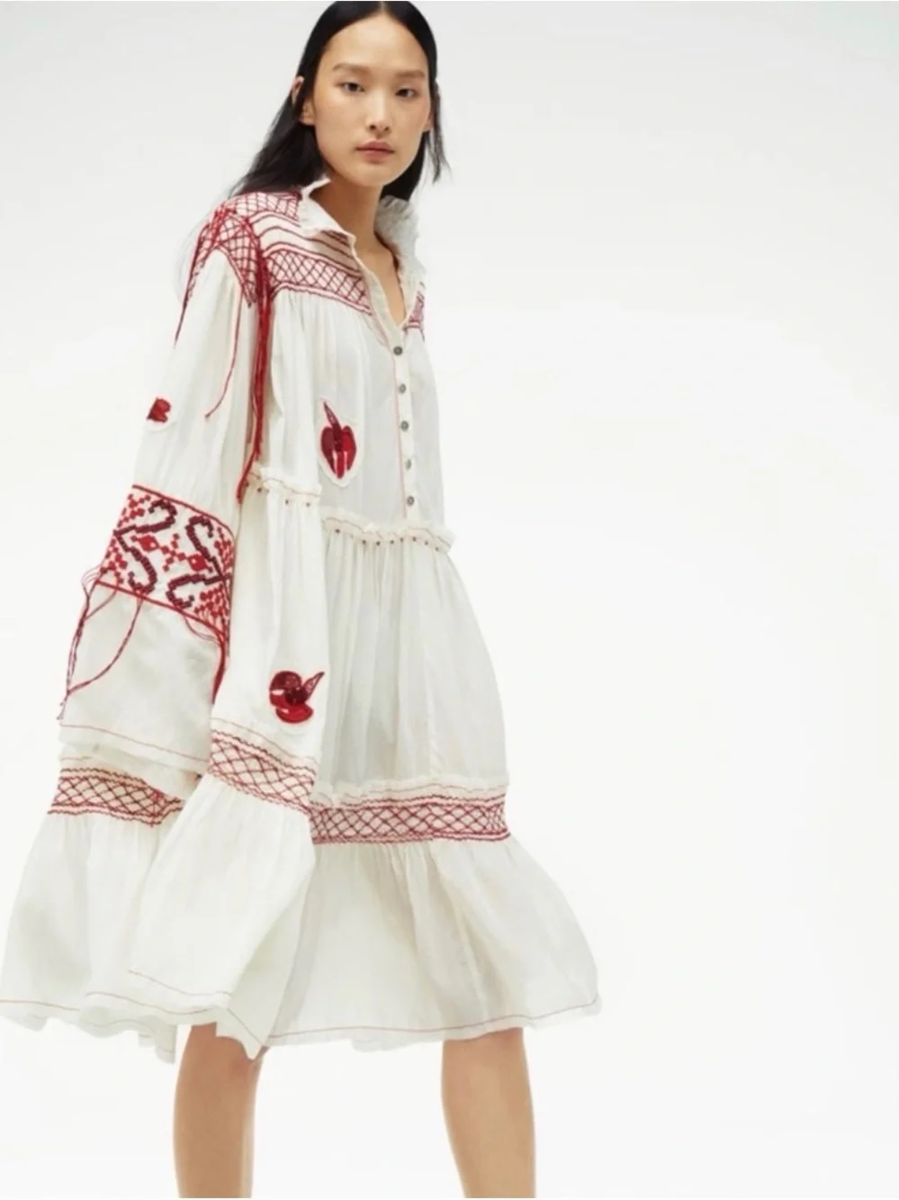White Midi Dress with Red Embroidery